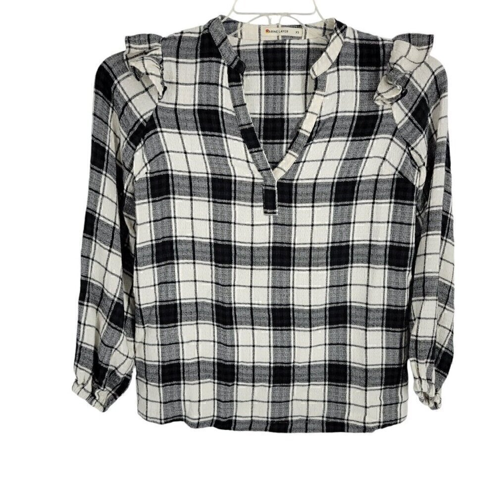 Marine layer Jamie Ruffle Sleeve Top XS Plaid twee academia preppy classic